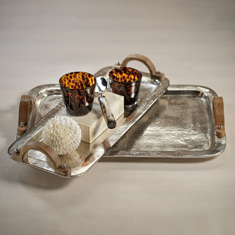 Clamart Rectangular Silver Aluminum Tray with Wood Handles