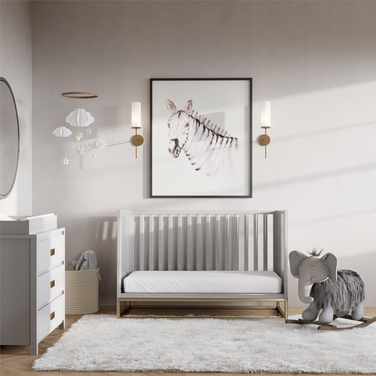 Dove Gray 3-in-1 Convertible Wood Crib with Gold Metal Base