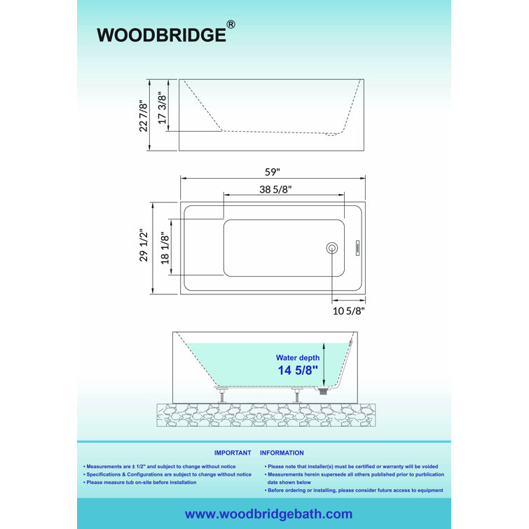 59'' White Acrylic Freestanding Rectangular Soaking Bathtub