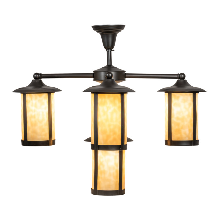 Fulton Craftsman Brown 5-Light Plug-In Chandelier with Beige Glass