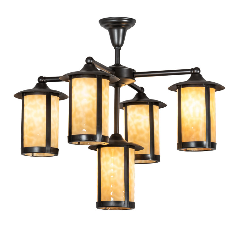 Fulton Craftsman Brown 5-Light Plug-In Chandelier with Beige Glass