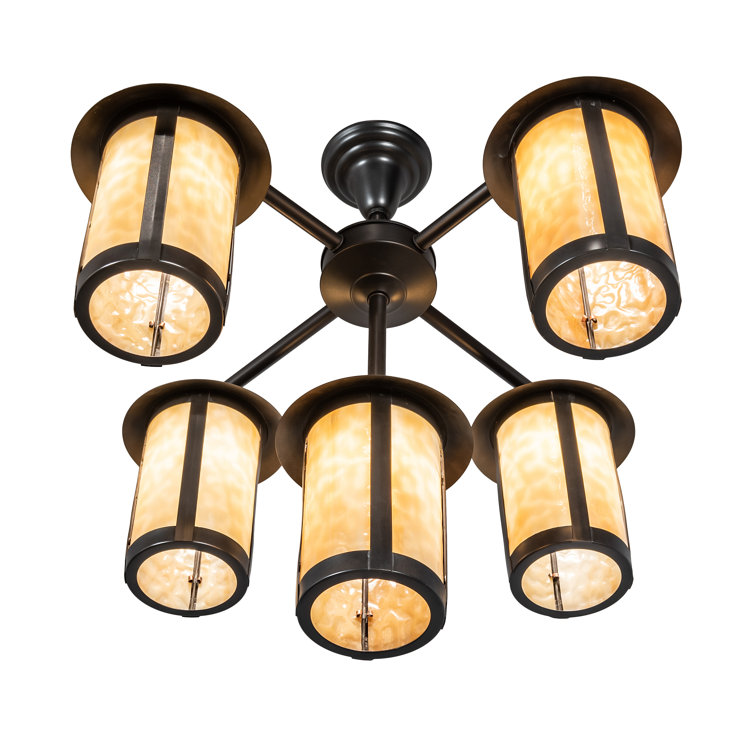 Fulton Craftsman Brown 5-Light Plug-In Chandelier with Beige Glass