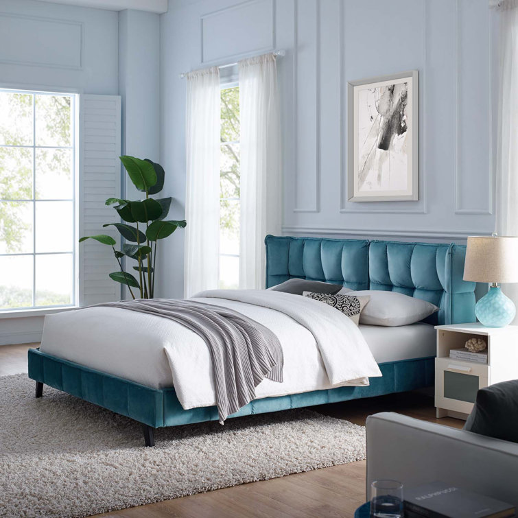 Sea Blue Queen Velvet Tufted Wingback Platform Bed with Slats