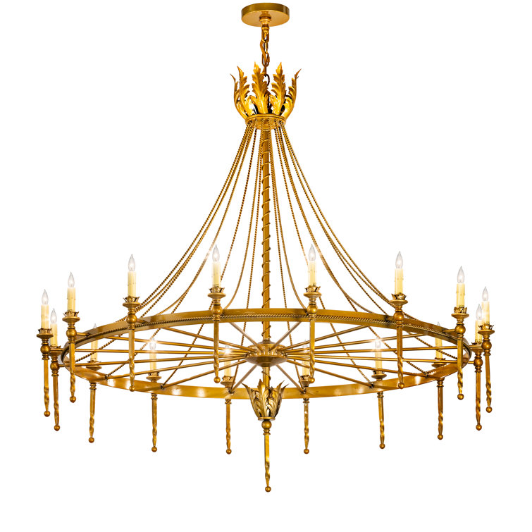 Gold 16-Light Wagon Wheel Chandelier with Ivory Faux Candlelights