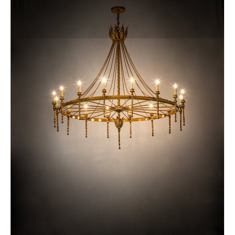 Gold 16-Light Wagon Wheel Chandelier with Ivory Faux Candlelights