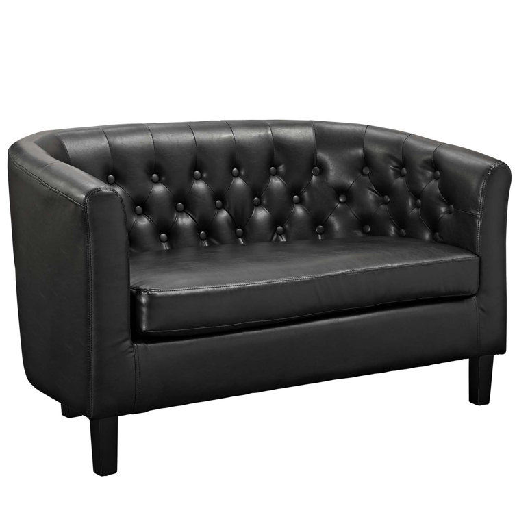 Classic Chesterfield Black Faux Leather Tufted Loveseat with Wood Legs