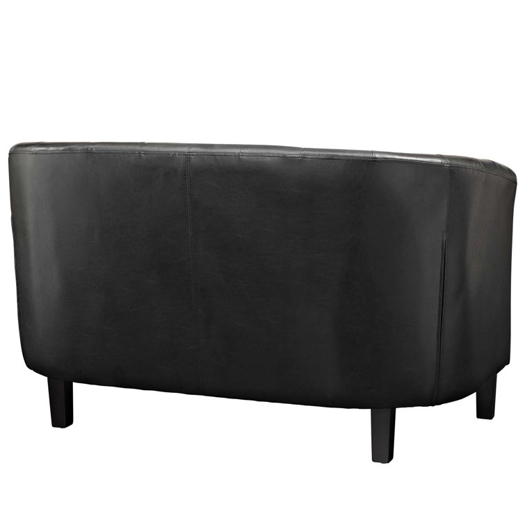Classic Chesterfield Black Faux Leather Tufted Loveseat with Wood Legs