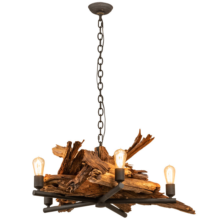 Adirondack Black and Natural Wood 5-Light Sputnik Chandelier