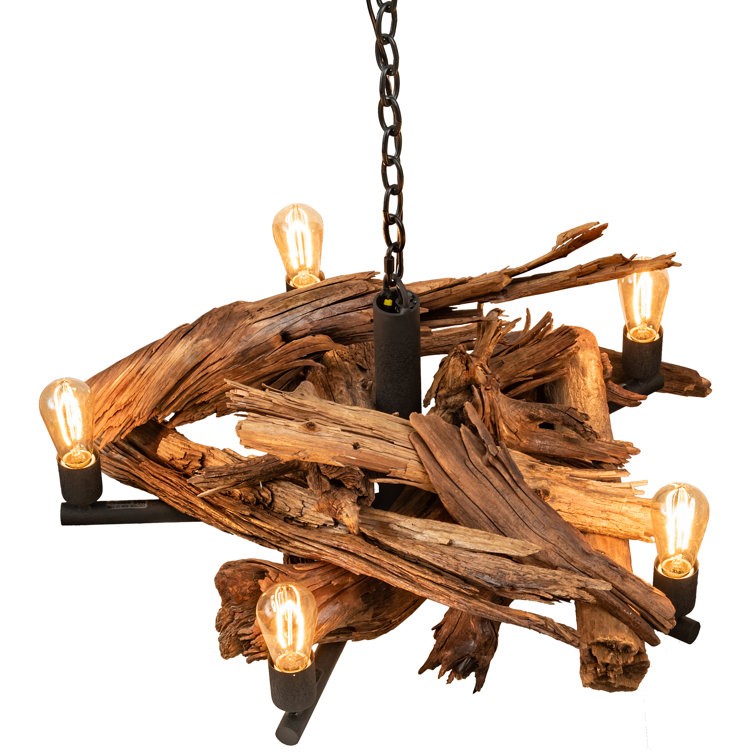 Adirondack Black and Natural Wood 5-Light Sputnik Chandelier