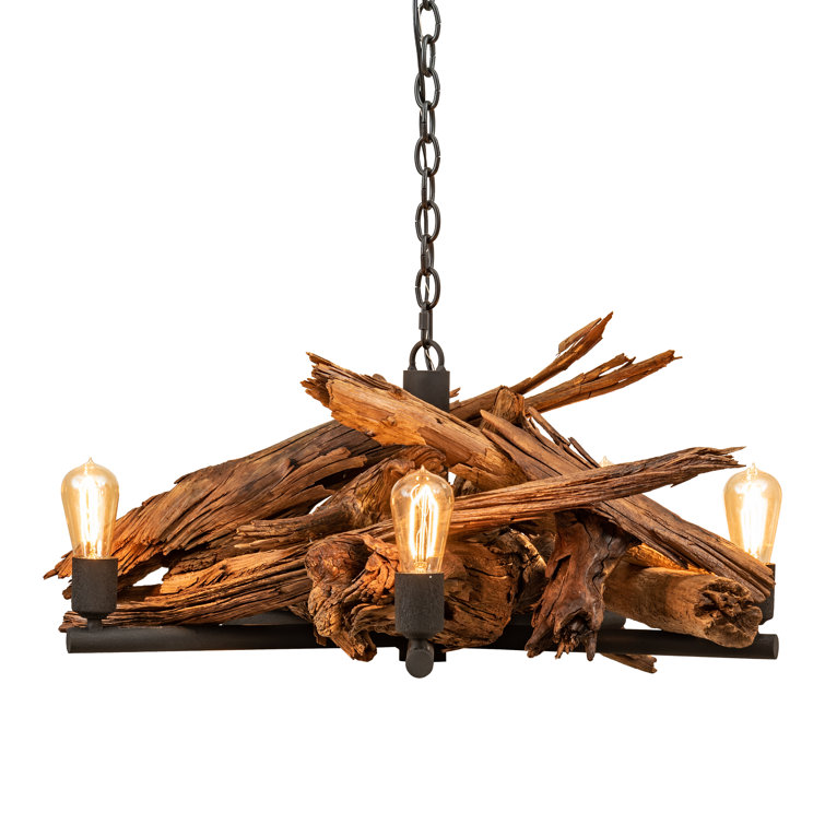 Adirondack Black and Natural Wood 5-Light Sputnik Chandelier