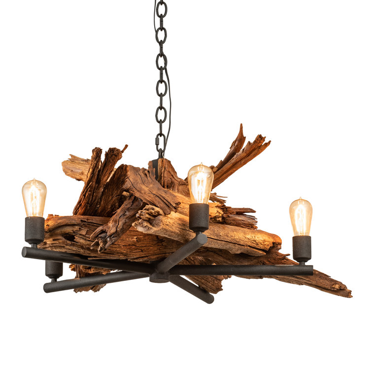 Adirondack Black and Natural Wood 5-Light Sputnik Chandelier