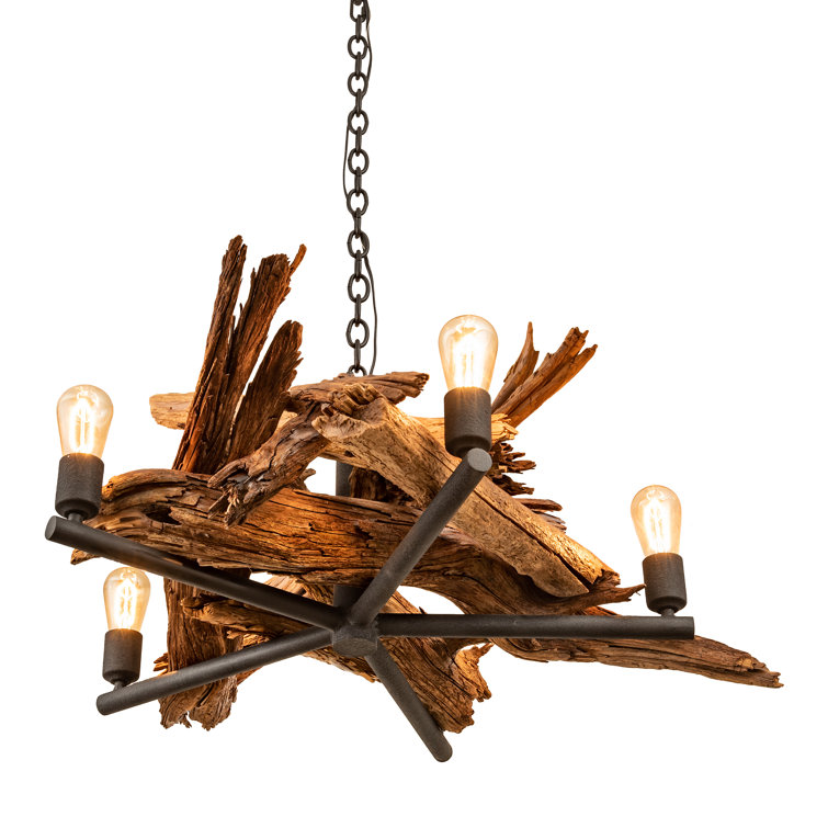 Adirondack Black and Natural Wood 5-Light Sputnik Chandelier