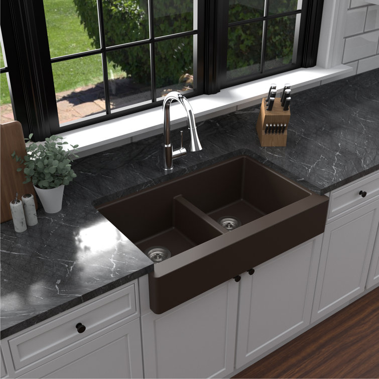 Brown Quartz Composite Farmhouse Double Bowl Kitchen Sink