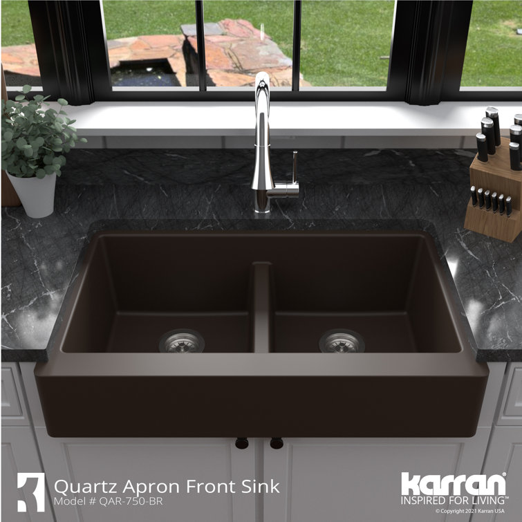 Brown Quartz Composite Farmhouse Double Bowl Kitchen Sink
