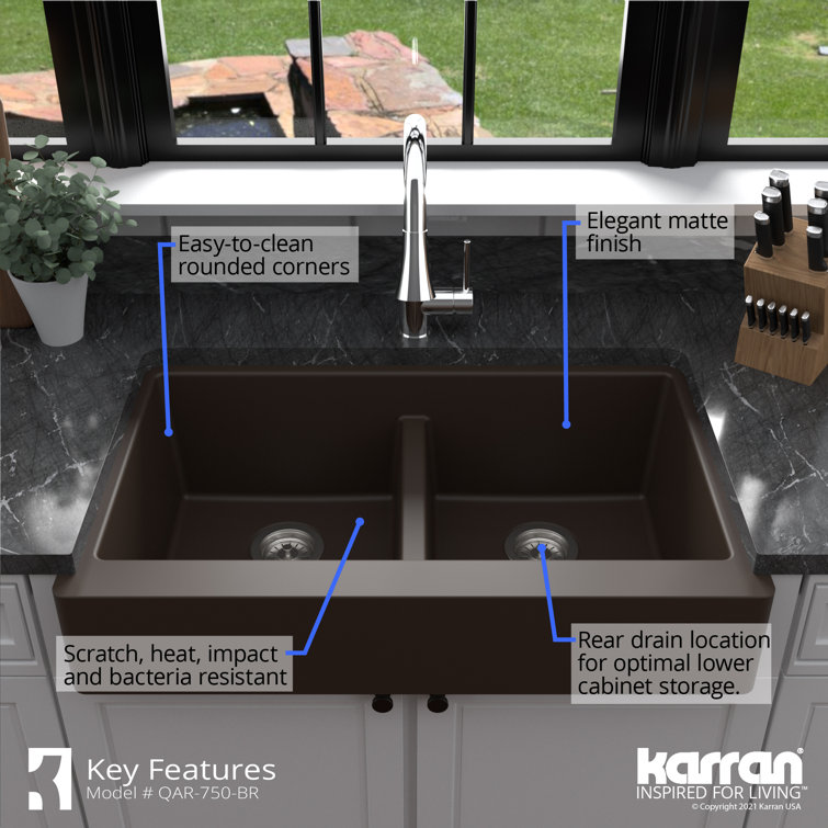 Brown Quartz Composite Farmhouse Double Bowl Kitchen Sink
