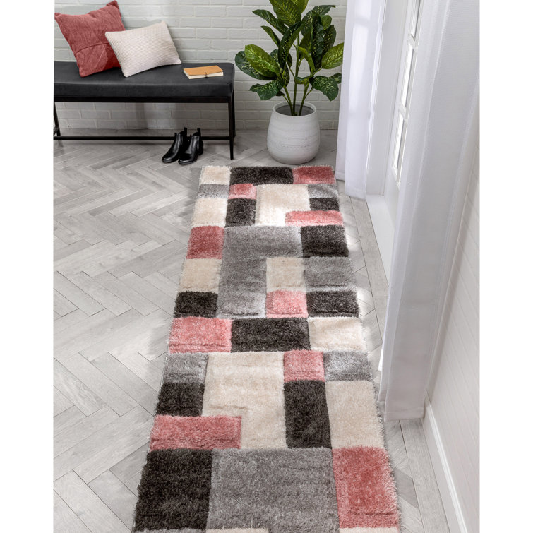 Blush and Gray Geometric Shag Runner Rug