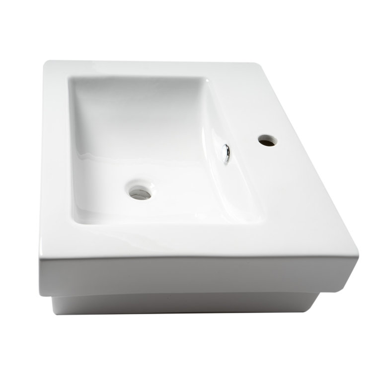 24" White Glossy Ceramic Rectangular Bathroom Sink with Faucet Hole