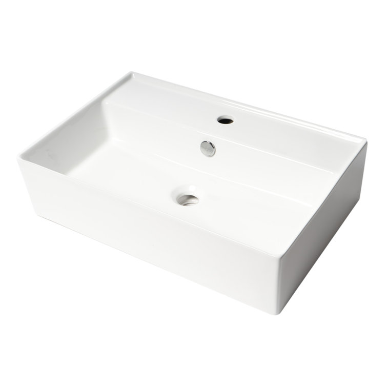White Glossy Ceramic Rectangular Bathroom Sink with Overflow