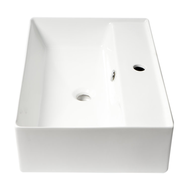 White Glossy Ceramic Rectangular Bathroom Sink with Overflow