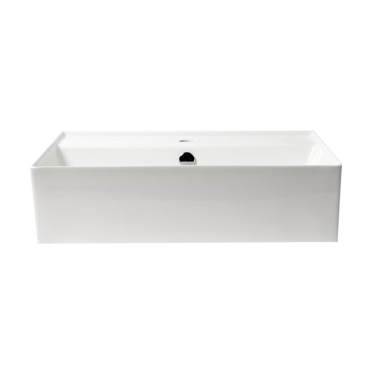 White Glossy Ceramic Rectangular Bathroom Sink with Overflow