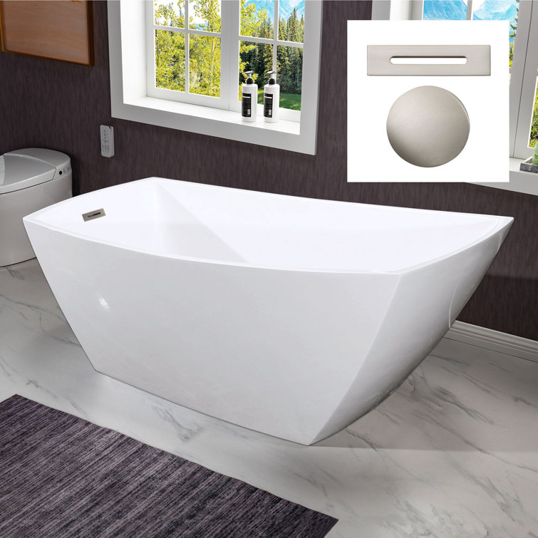 White Acrylic Freestanding Single Slipper Soaking Tub with Brushed Nickel Trim