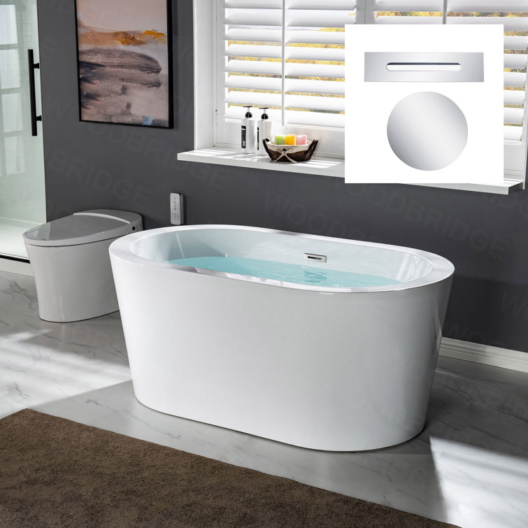 56" White Acrylic Freestanding Soaking Bathtub with Chrome Drain
