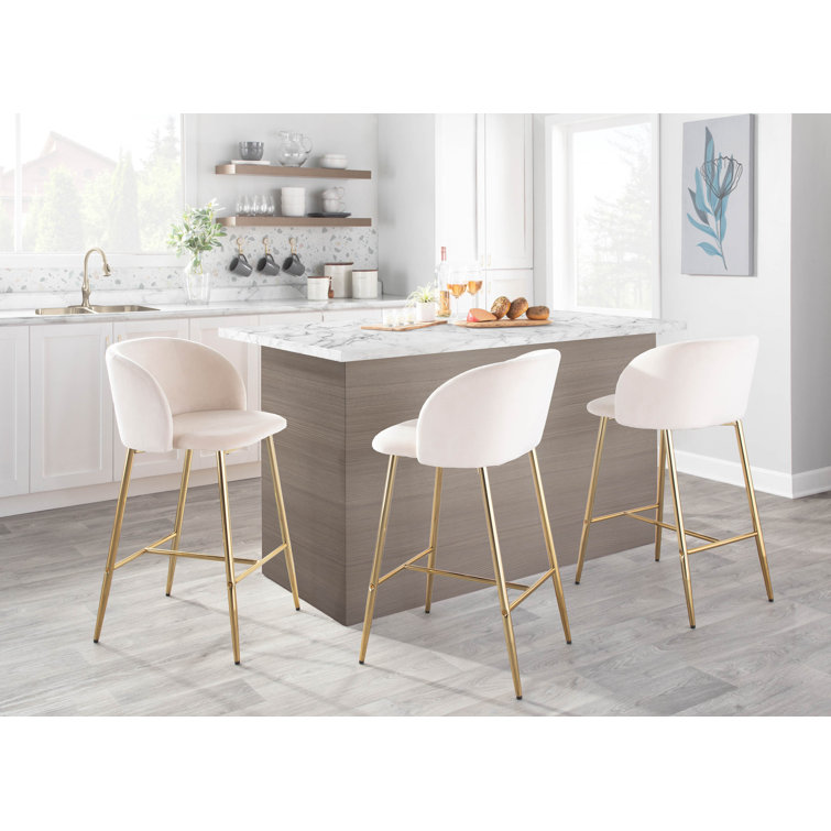 Elegant Gold Steel and Cream Velvet Counter Stools, Set of 2
