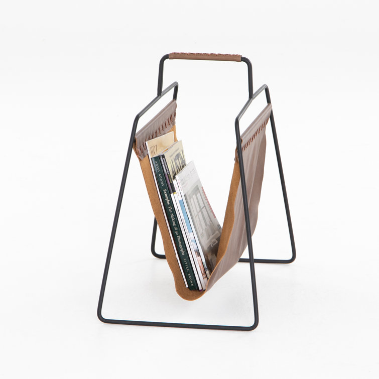Brown Leather and Black Metal Magazine Rack with Handle