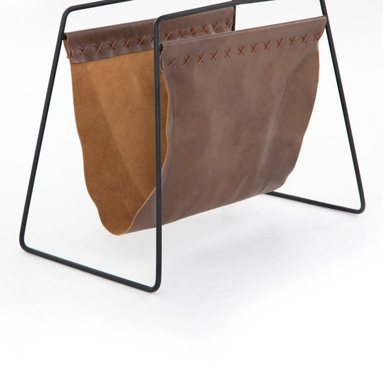 Brown Leather and Black Metal Magazine Rack with Handle