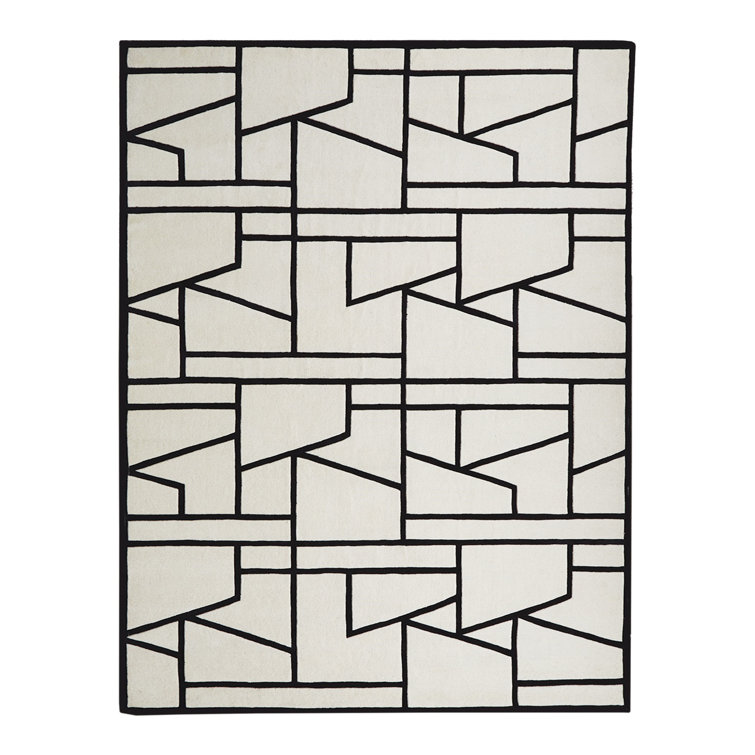Black and Ivory Geometric Wool Tufted Rug 6' x 9'