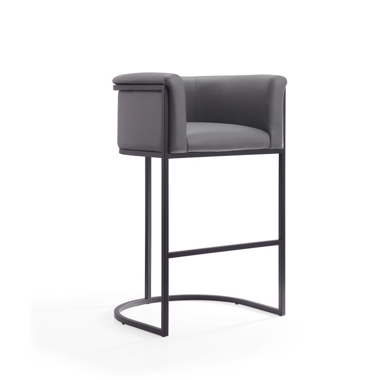Gray Upholstered Metal Frame Barrel Bar Stool