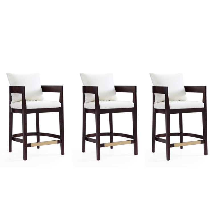 Manhattan Comfort Ritz Ivory Leather and Dark Walnut Wood Counter Stool - Set of 3