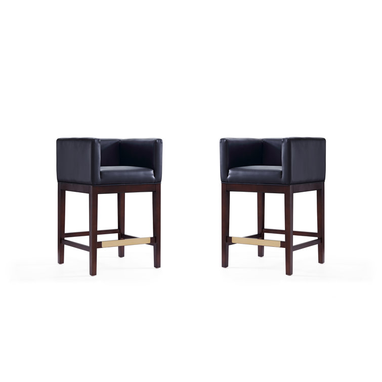Kingsley 34" Black Faux Leather and Dark Walnut Wood Counter Stool (Set of 2)