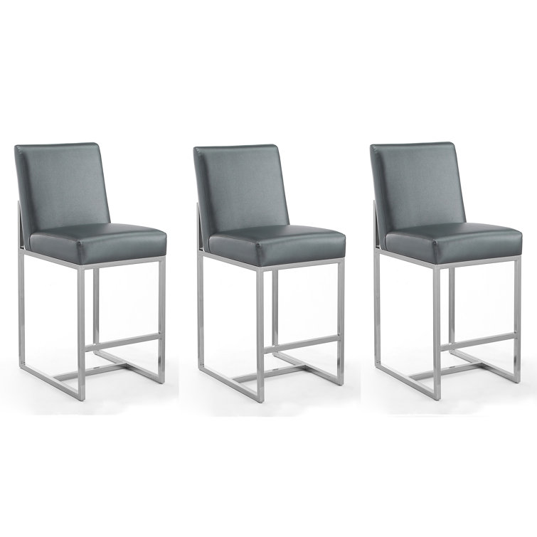 Graphite Faux Leather and Chrome Counter Stools, Set of 3