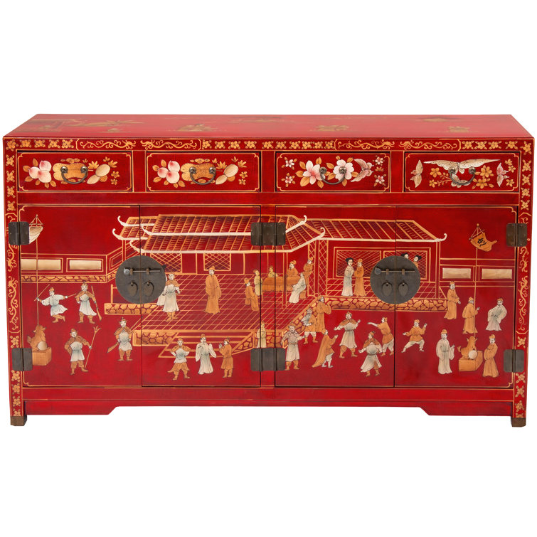 Traditional Red and Gold Elm Wood Buffet with Brass Accents