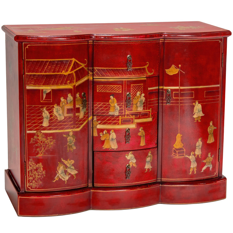 Hand-Painted Red and Gold Lacquer Wood Accent Cabinet