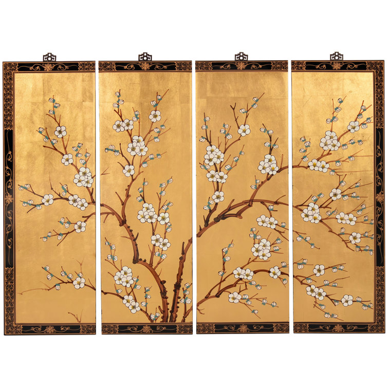 Gold Lacquer Cherry Blossom Wall Art Panels with Hanging Hardware