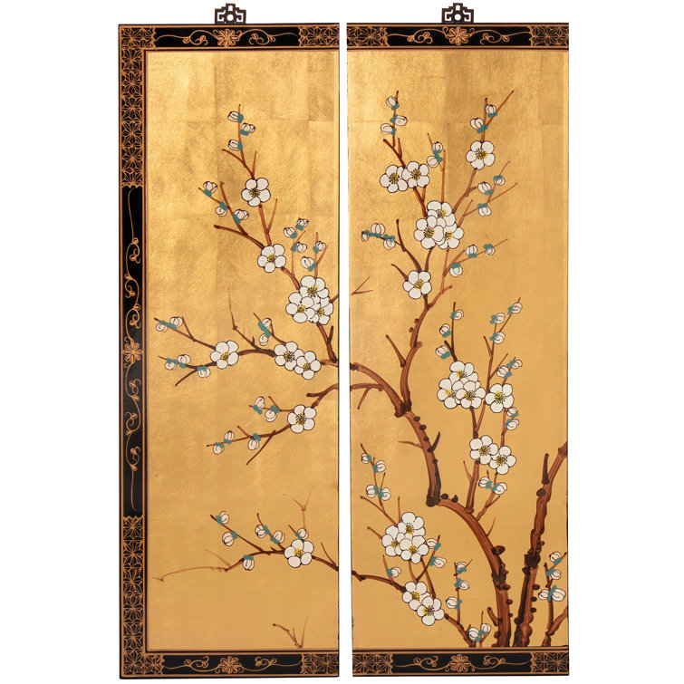 Gold Lacquer Cherry Blossom Wall Art Panels with Hanging Hardware