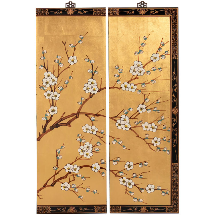 Gold Lacquer Cherry Blossom Wall Art Panels with Hanging Hardware