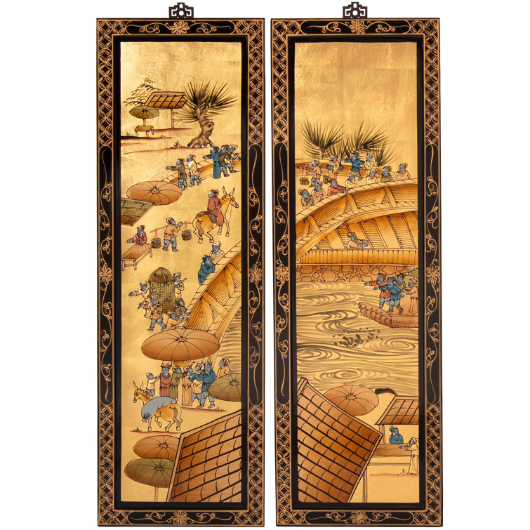 Ching Ming Gold Lacquered Elm Wood Wall Art Set