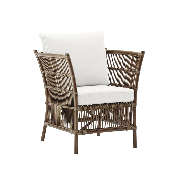 Antique Black Rattan Lounge Chair with White Canvas Cushion