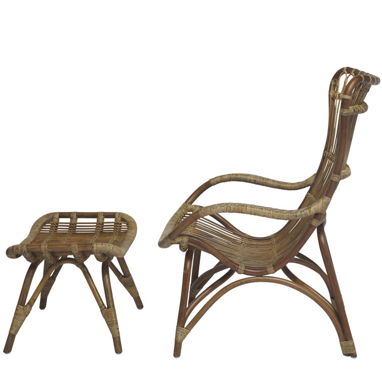 Antique Highback Rattan Lounge Chair and Footstool Set