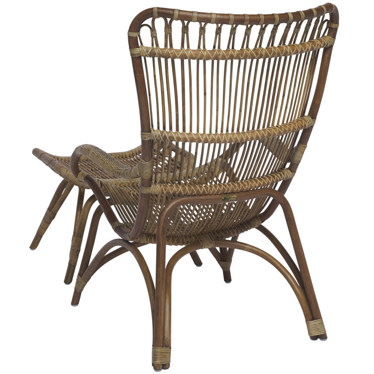 Antique Highback Rattan Lounge Chair and Footstool Set