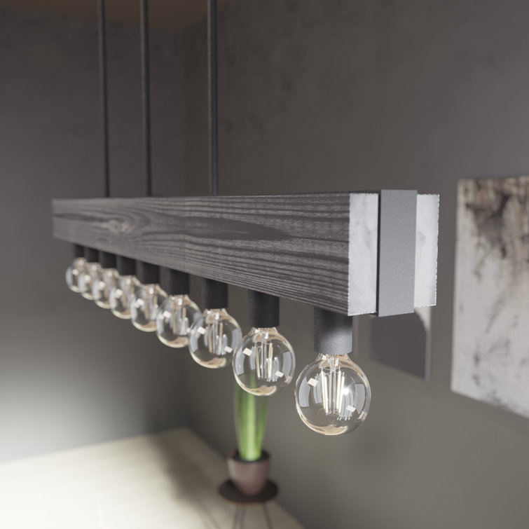 Donelson Black Iron and Wood 9-Light Linear Chandelier
