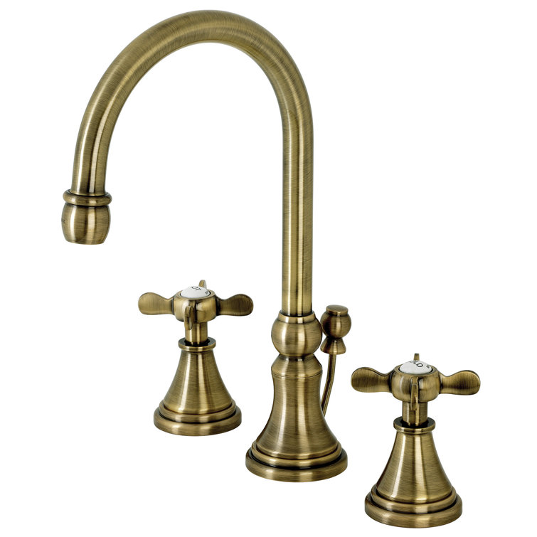 Antique Brass Victorian Widespread Bathroom Faucet with Drain Assembly