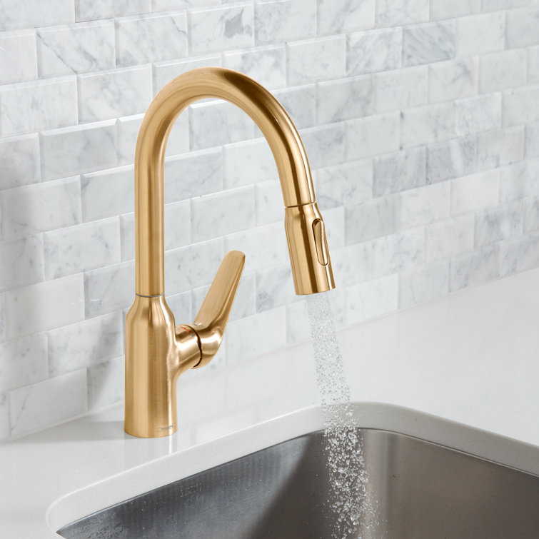 Elegant 14'' Brushed Gold Optic Pull-Down Kitchen Faucet with Ceramic Disc