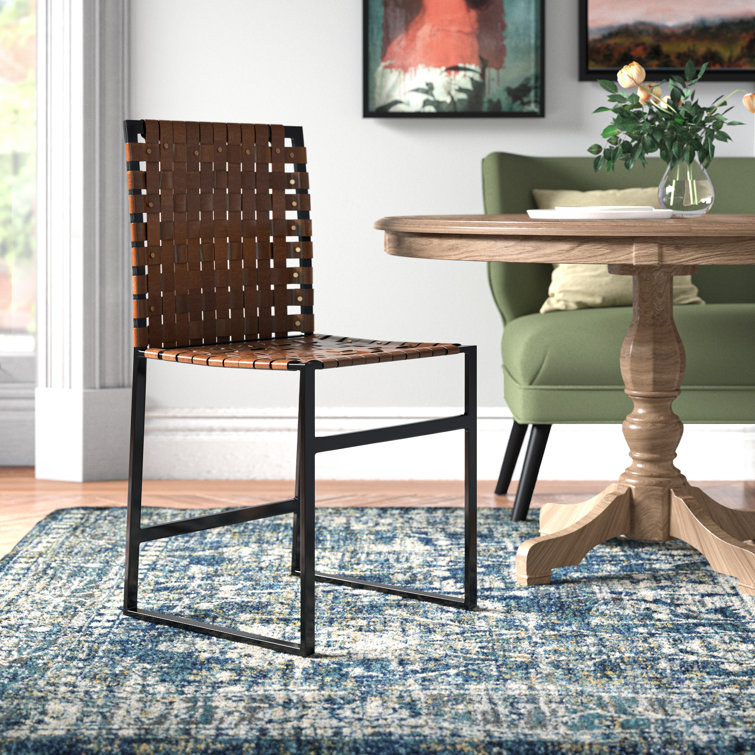 Urban Rustic Black Iron Base Genuine Leather Side Chair