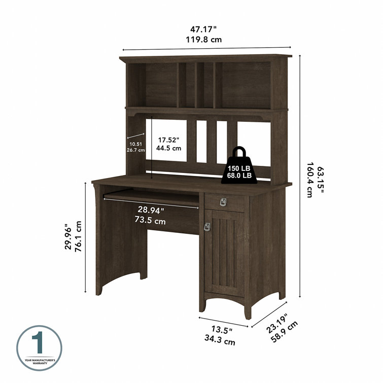 Ash Brown Mission Style Desk with Hutch and Integrated Cable Management