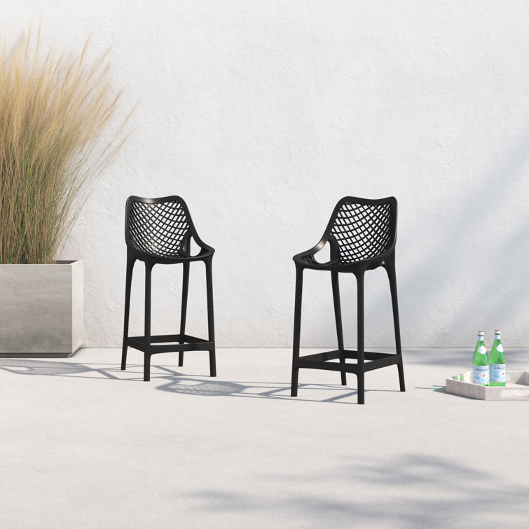 Black Plastic Outdoor Bar Stools with Footrest, Set of 2