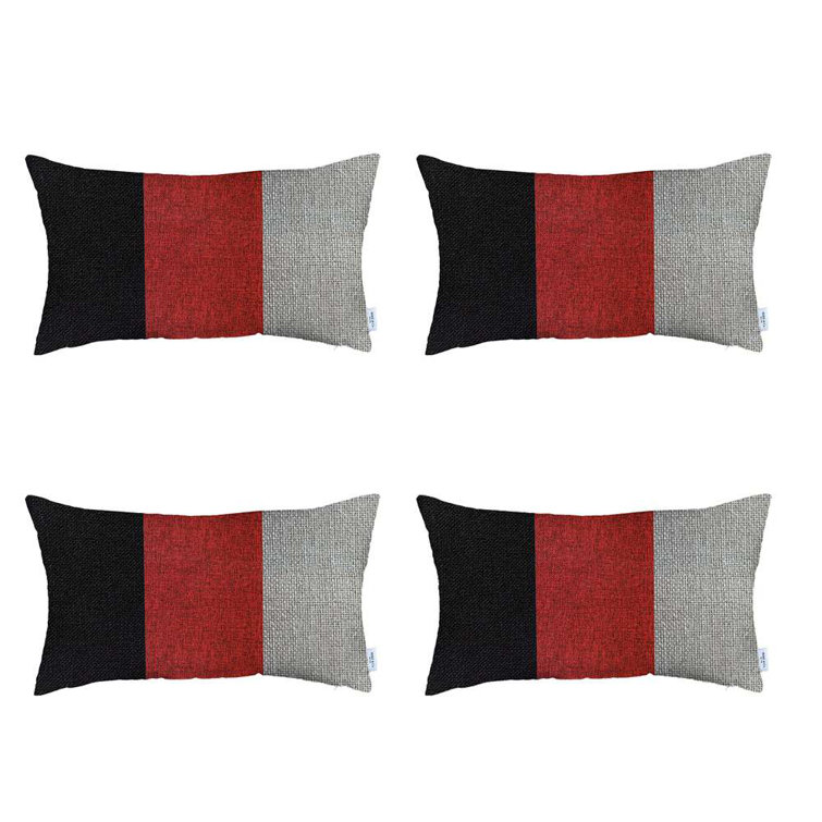 Boho-Chic Handcrafted Jacquard Black, Red, and Ivory Lumbar Pillow Covers Set of 4